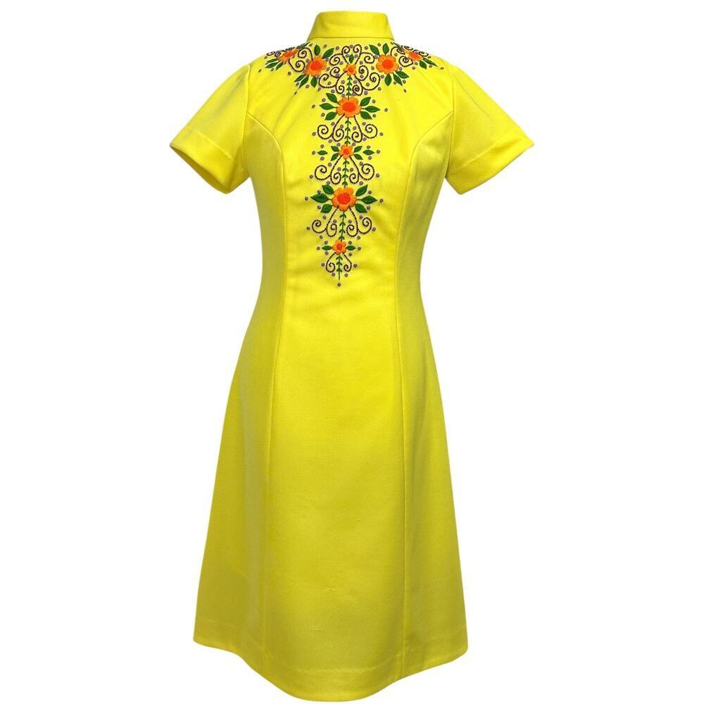 Vintage 60's 70's Yellow Embroidered High Neck Retro Dress Floral Mod Hippie